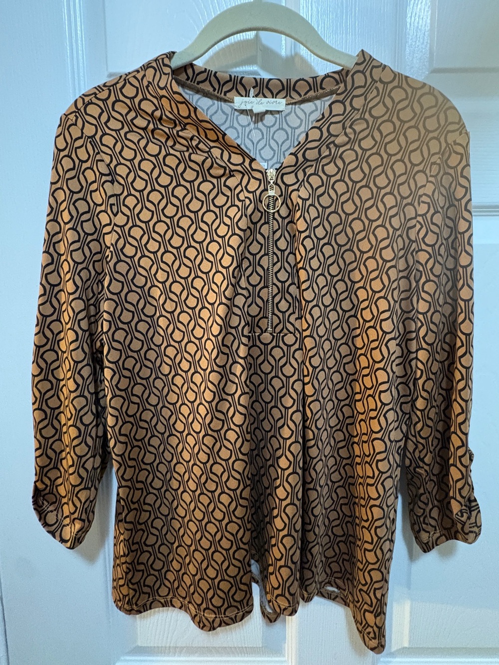 Dana Buchman Brown Geometric Zip-Front Blouse